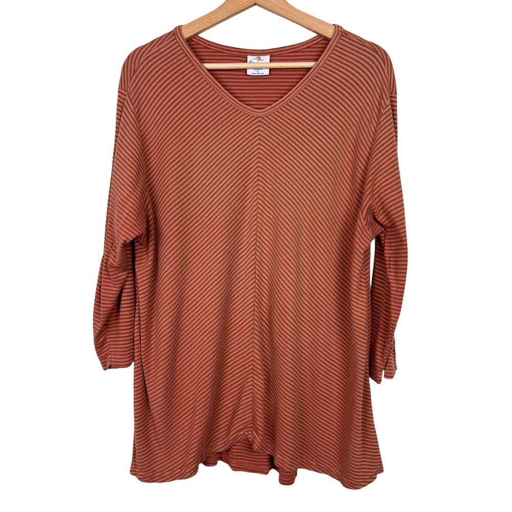 Sea Breeze of California Womens Large V-Neck Striped 3/4 Sleeve Cotton Top USA
